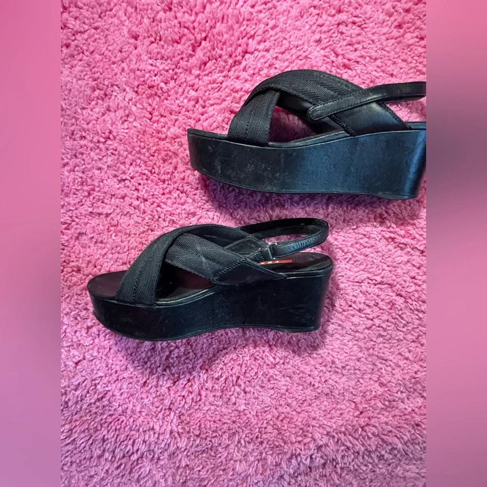 Prada Vintage criss cross Platform Sandals Black Leather Shoes Velcro strap 90s